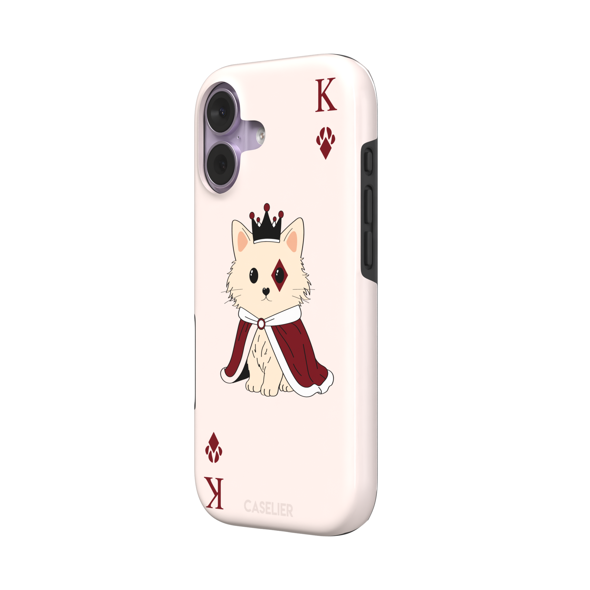 King of Diamonds phone case in blush pink from the Paw Decks collection, featuring a crowned fluffy dog in a deep red royal cape styled as a playing card, phone case by Caselier — tough case, right view