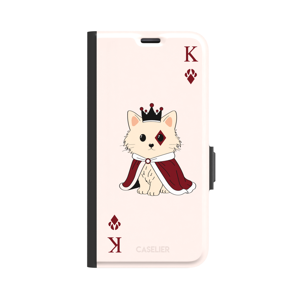 King of Diamonds phone case in blush pink from the Paw Decks collection, featuring a crowned fluffy dog in a deep red royal cape styled as a playing card, phone case by Caselier — wallet case, front view