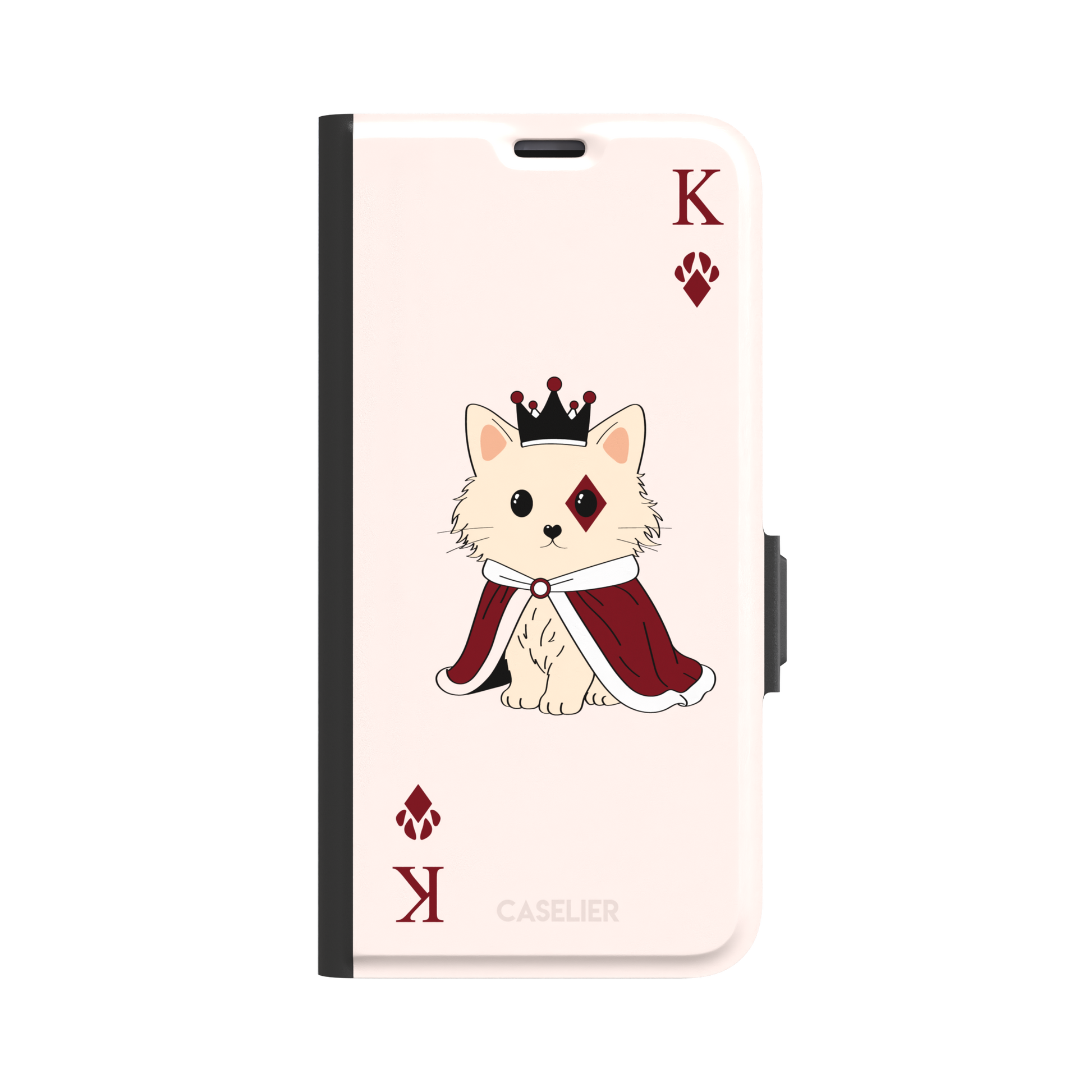 King of Diamonds phone case in blush pink from the Paw Decks collection, featuring a crowned fluffy dog in a deep red royal cape styled as a playing card, phone case by Caselier — wallet case, front view