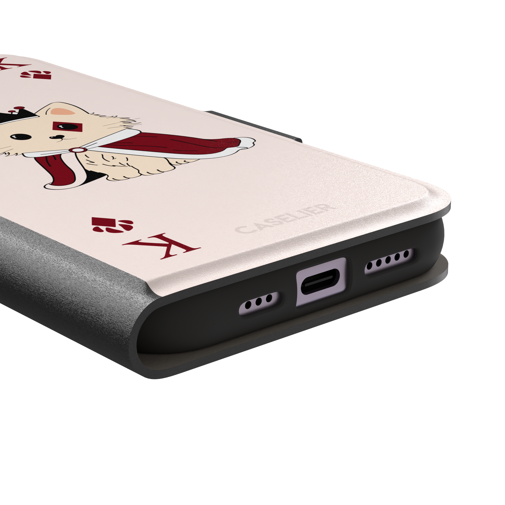 King of Diamonds phone case in blush pink from the Paw Decks collection, featuring a crowned fluffy dog in a deep red royal cape styled as a playing card, phone case by Caselier — wallet case, charging port detail