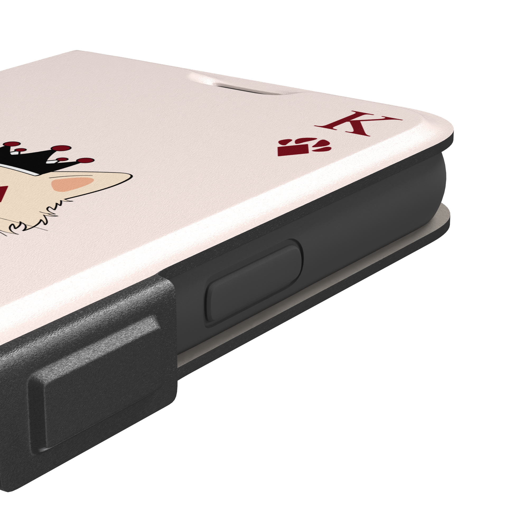 King of Diamonds phone case in blush pink from the Paw Decks collection, featuring a crowned fluffy dog in a deep red royal cape styled as a playing card, phone case by Caselier — wallet case, volume buttons detail