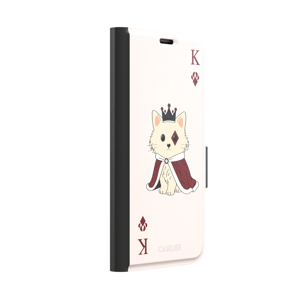 King of Diamonds phone case in blush pink from the Paw Decks collection, featuring a crowned fluffy dog in a deep red royal cape styled as a playing card, phone case by Caselier — wallet case, left view