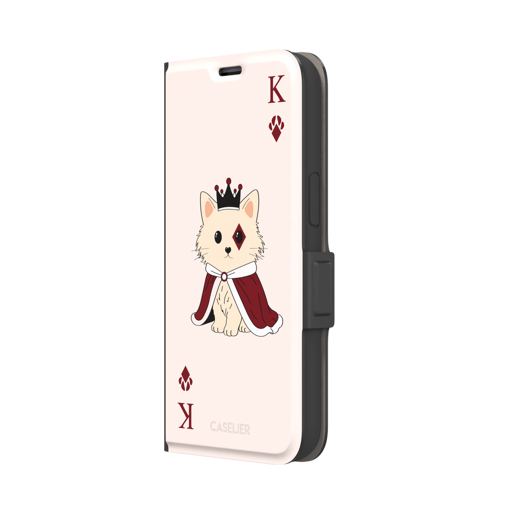 King of Diamonds phone case in blush pink from the Paw Decks collection, featuring a crowned fluffy dog in a deep red royal cape styled as a playing card, phone case by Caselier — wallet case, right view