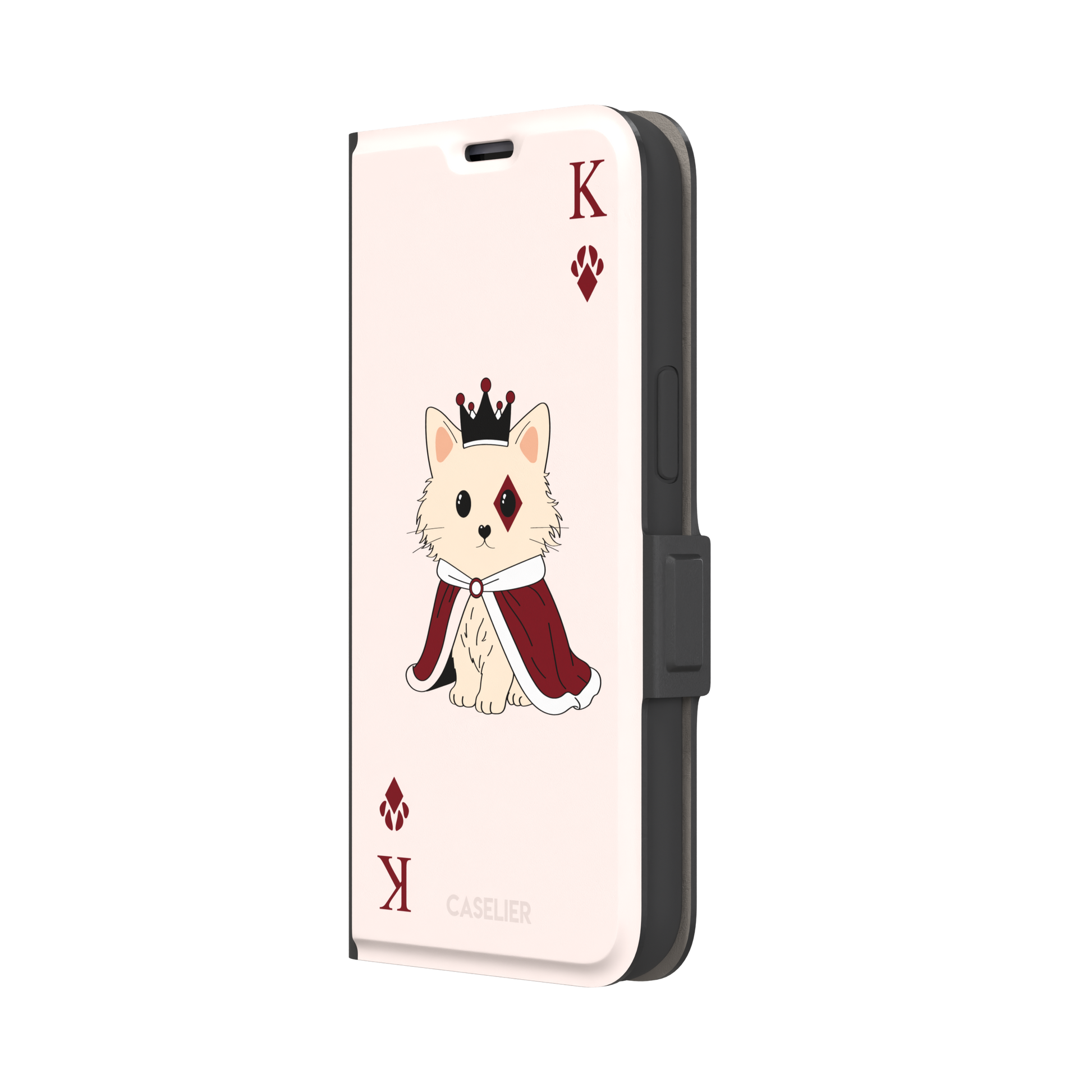 King of Diamonds phone case in blush pink from the Paw Decks collection, featuring a crowned fluffy dog in a deep red royal cape styled as a playing card, phone case by Caselier — wallet case, right view