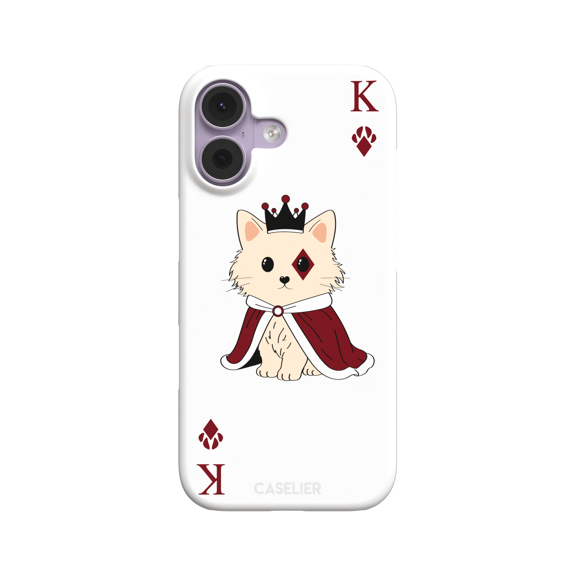 King of Diamonds phone case in white from the Paw Decks collection, featuring the same crowned fluffy dog in a crimson cape on a clean white background, phone case by Caselier — snap case, front view