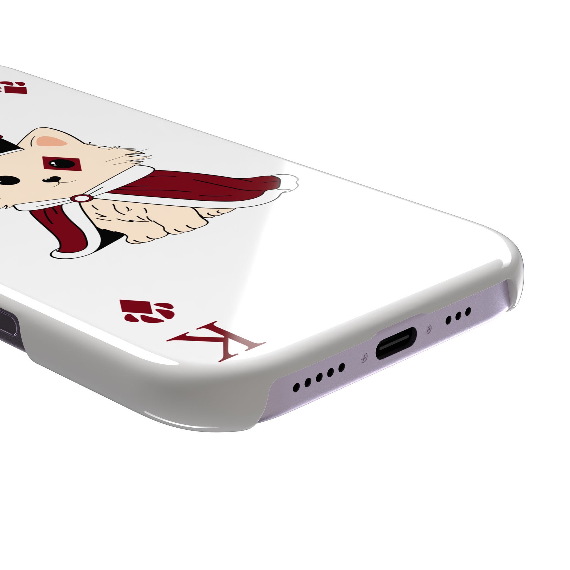 King of Diamonds phone case in white from the Paw Decks collection, featuring the same crowned fluffy dog in a crimson cape on a clean white background, phone case by Caselier — snap case, charging port detail