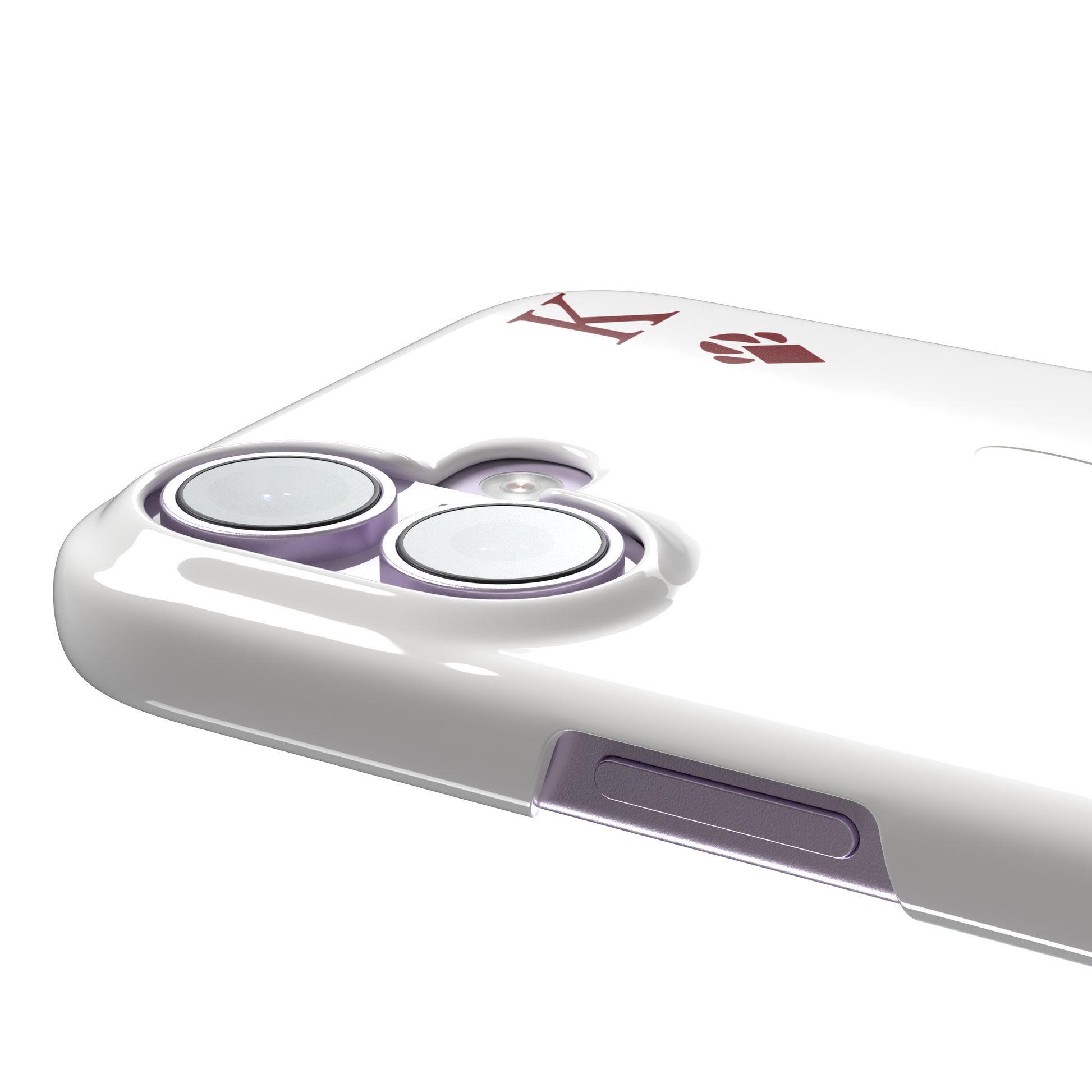 King of Diamonds phone case in white from the Paw Decks collection, featuring the same crowned fluffy dog in a crimson cape on a clean white background, phone case by Caselier — snap case, volume buttons detail