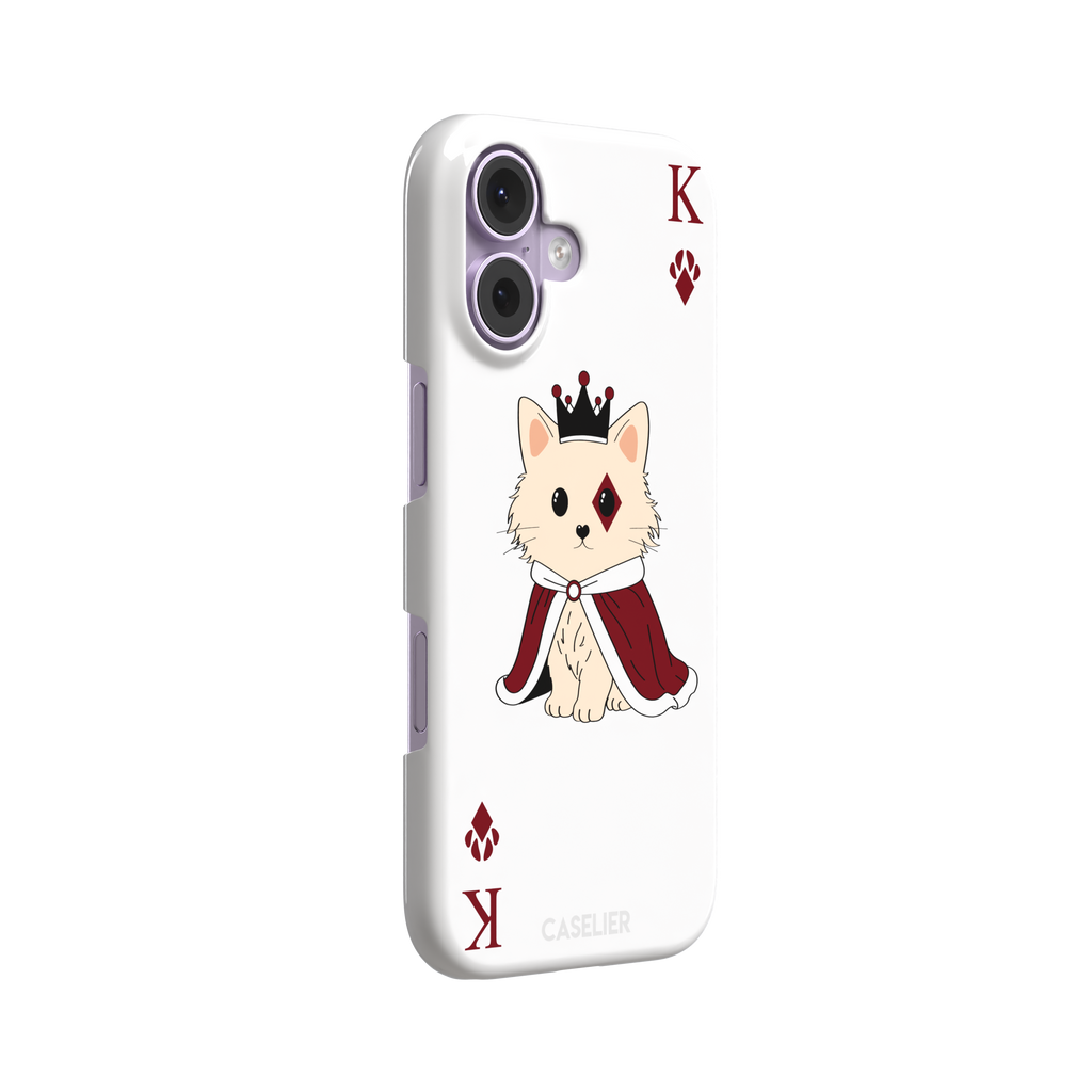 King of Diamonds phone case in white from the Paw Decks collection, featuring the same crowned fluffy dog in a crimson cape on a clean white background, phone case by Caselier — snap case, left view