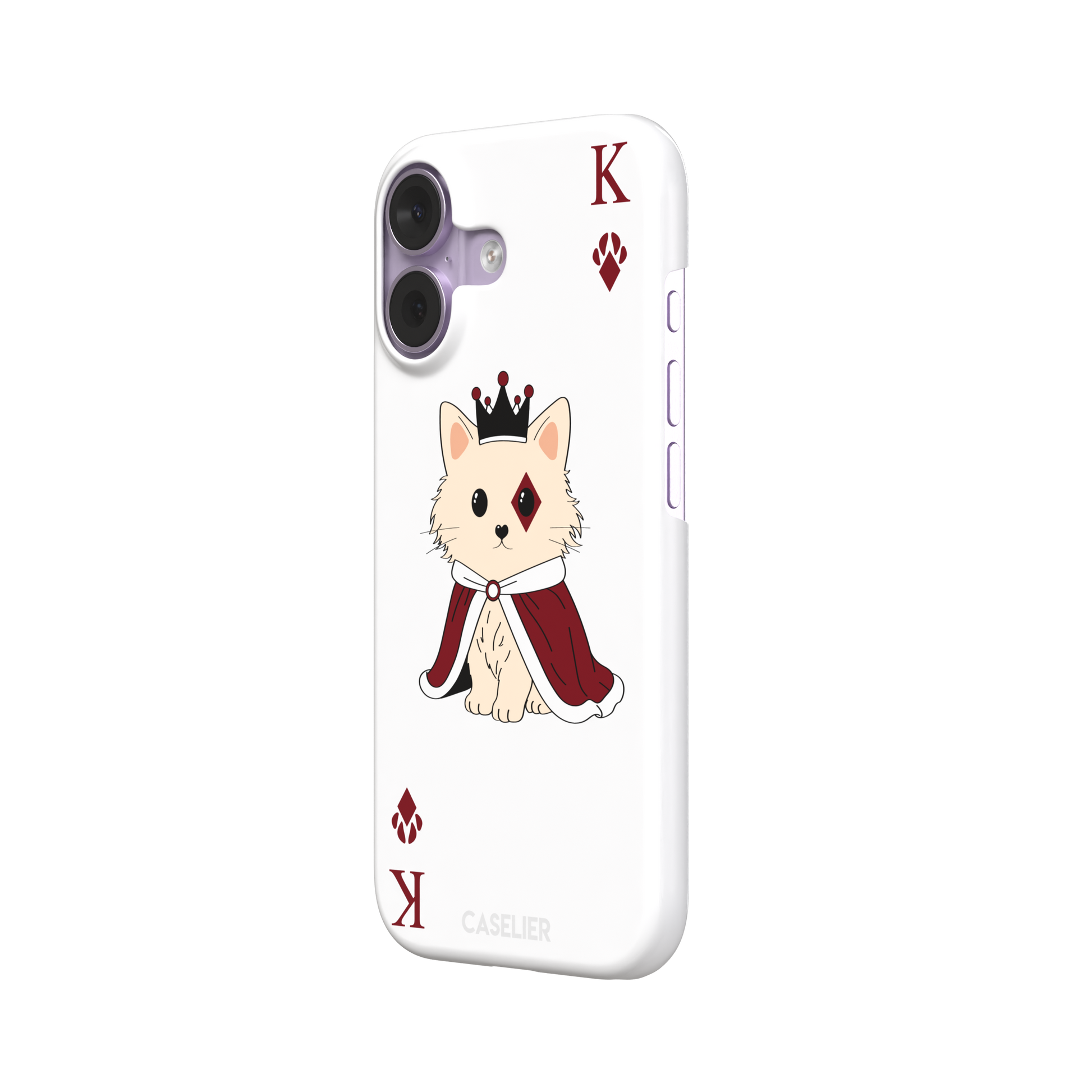 King of Diamonds phone case in white from the Paw Decks collection, featuring the same crowned fluffy dog in a crimson cape on a clean white background, phone case by Caselier — snap case, right view