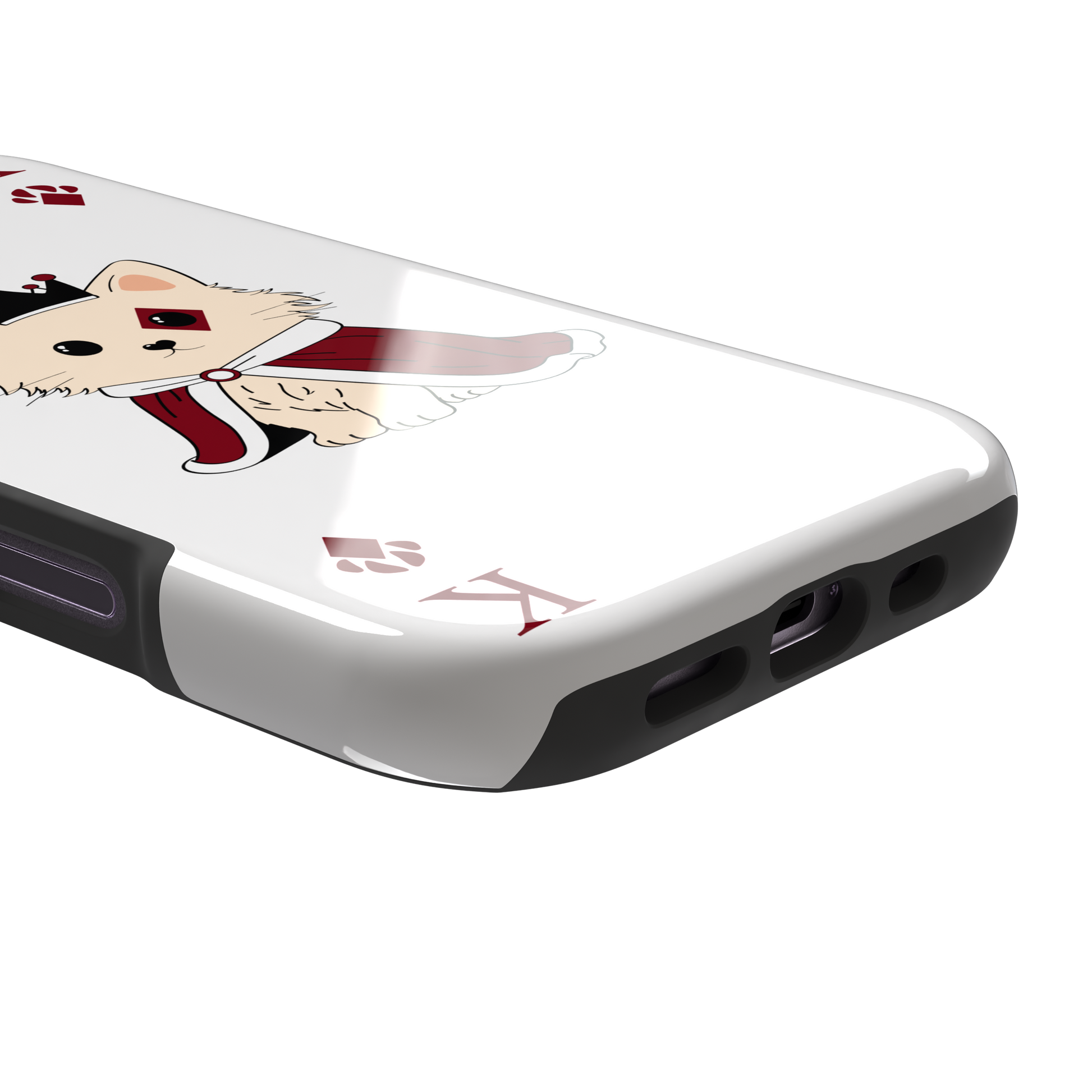 King of Diamonds phone case in white from the Paw Decks collection, featuring the same crowned fluffy dog in a crimson cape on a clean white background, phone case by Caselier — tough case, charging port detail