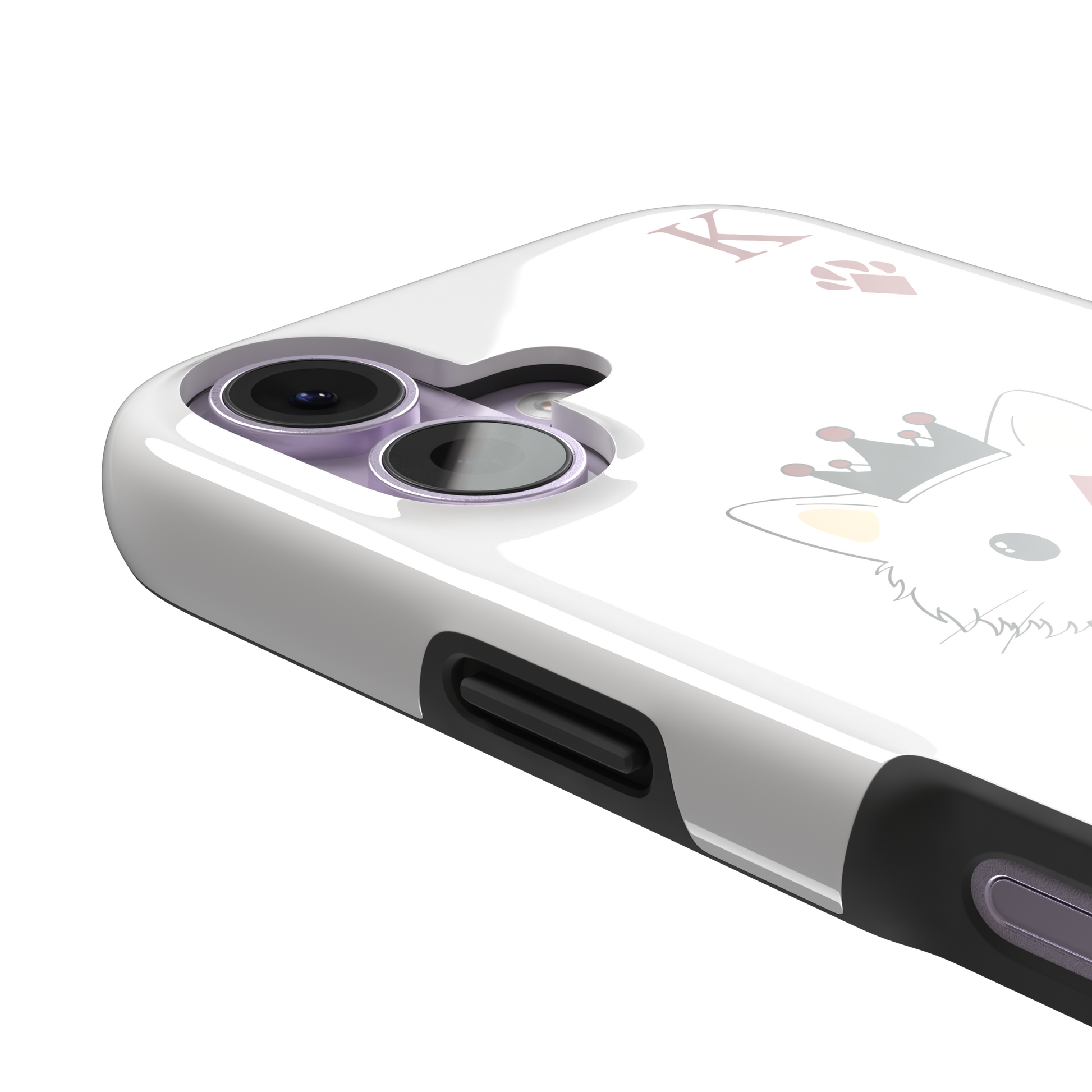 King of Diamonds phone case in white from the Paw Decks collection, featuring the same crowned fluffy dog in a crimson cape on a clean white background, phone case by Caselier — tough case, volume buttons detail
