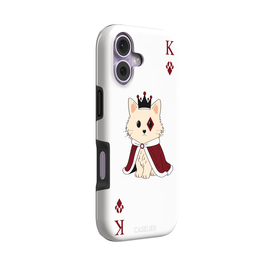King of Diamonds phone case in white from the Paw Decks collection, featuring the same crowned fluffy dog in a crimson cape on a clean white background, phone case by Caselier — tough case, left view