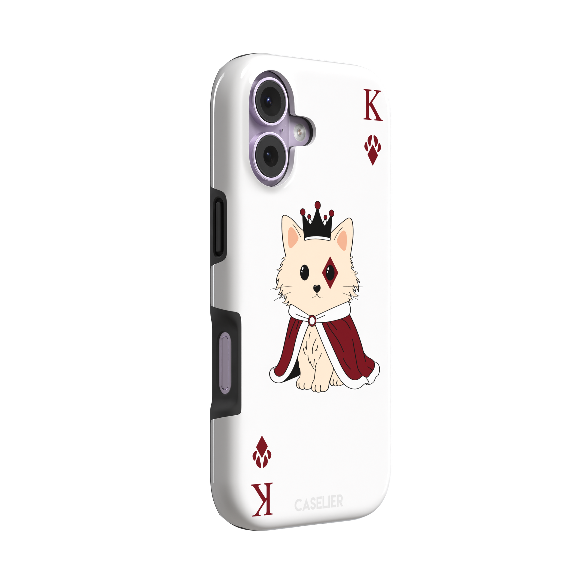 King of Diamonds phone case in white from the Paw Decks collection, featuring the same crowned fluffy dog in a crimson cape on a clean white background, phone case by Caselier — tough case, left view