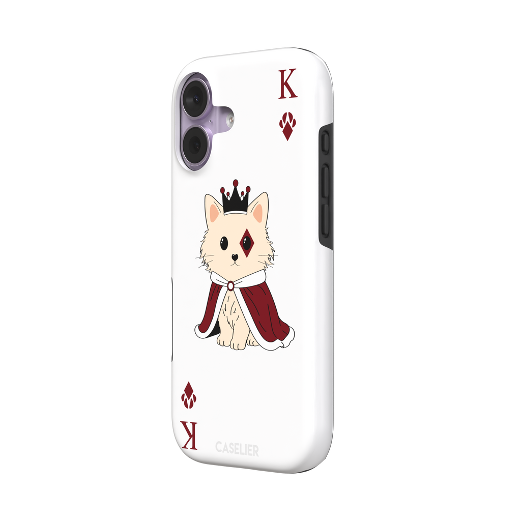 King of Diamonds phone case in white from the Paw Decks collection, featuring the same crowned fluffy dog in a crimson cape on a clean white background, phone case by Caselier — tough case, right view