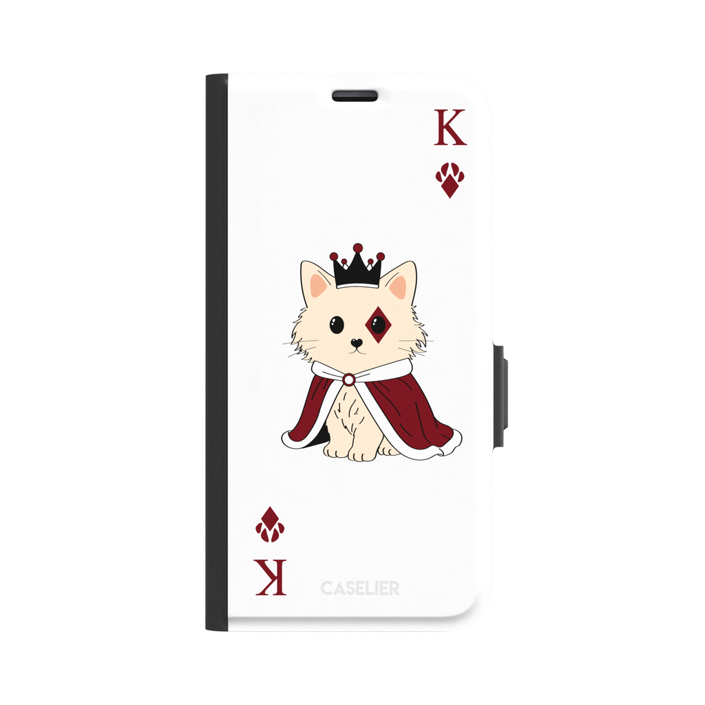 King of Diamonds phone case in white from the Paw Decks collection, featuring the same crowned fluffy dog in a crimson cape on a clean white background, phone case by Caselier — wallet case, front view