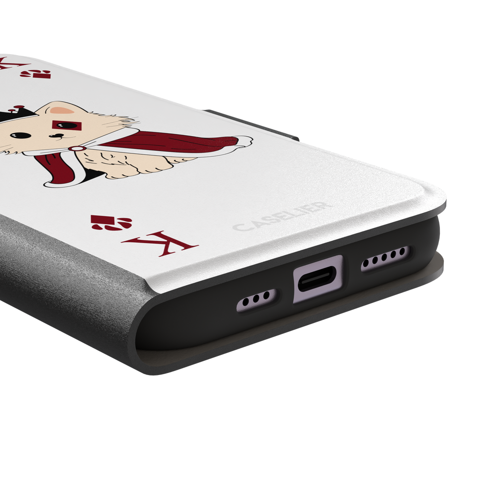 King of Diamonds phone case in white from the Paw Decks collection, featuring the same crowned fluffy dog in a crimson cape on a clean white background, phone case by Caselier — wallet case, charging port detail