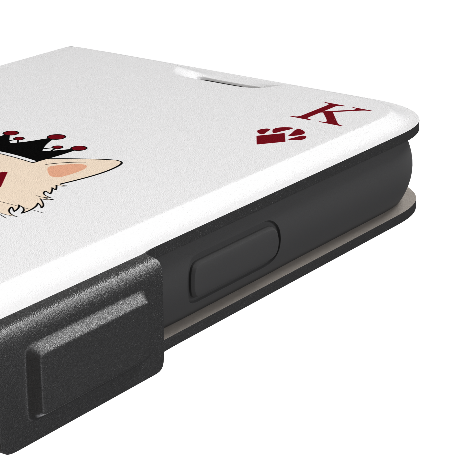 King of Diamonds phone case in white from the Paw Decks collection, featuring the same crowned fluffy dog in a crimson cape on a clean white background, phone case by Caselier — wallet case, volume buttons detail