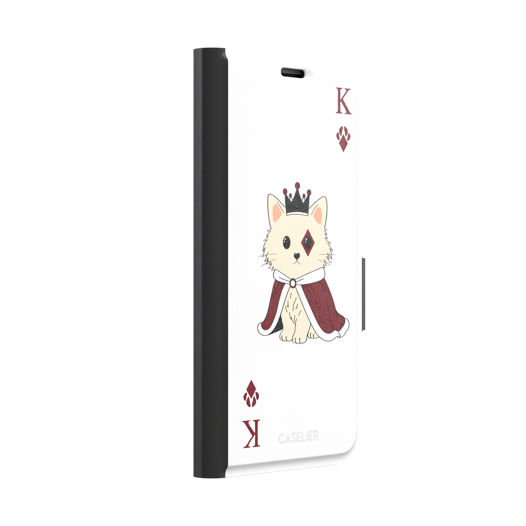King of Diamonds phone case in white from the Paw Decks collection, featuring the same crowned fluffy dog in a crimson cape on a clean white background, phone case by Caselier — wallet case, left view