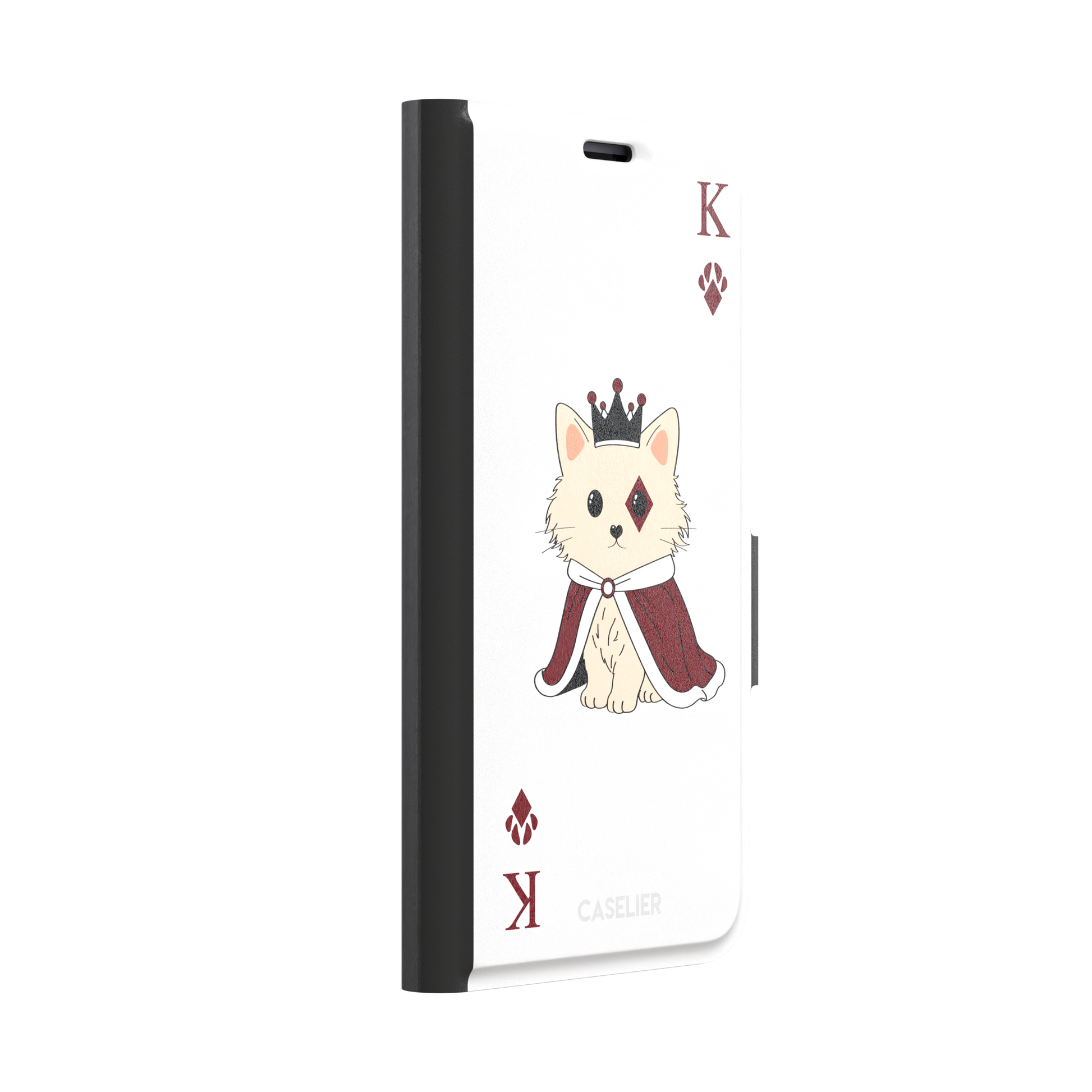 King of Diamonds phone case in white from the Paw Decks collection, featuring the same crowned fluffy dog in a crimson cape on a clean white background, phone case by Caselier — wallet case, left view