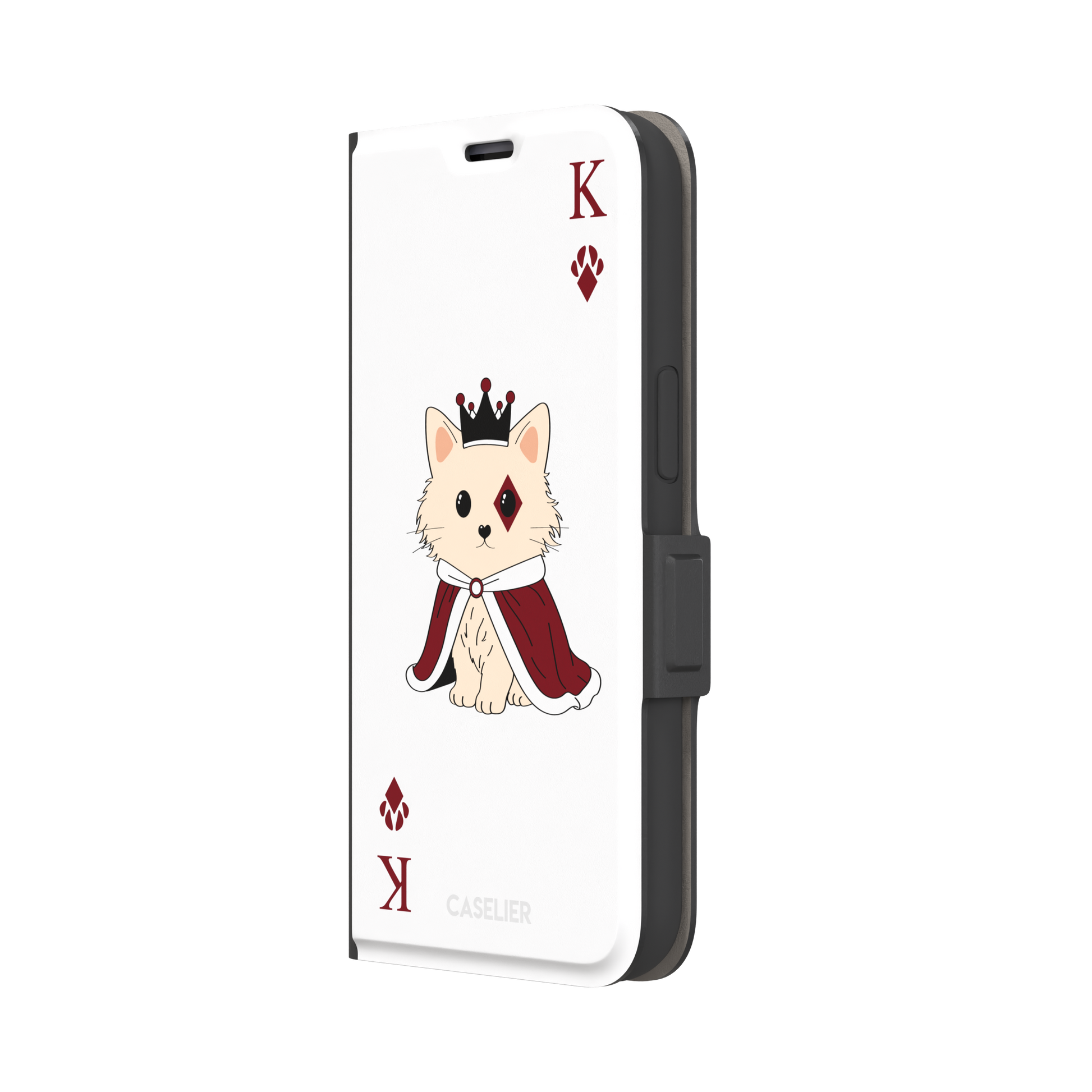 King of Diamonds phone case in white from the Paw Decks collection, featuring the same crowned fluffy dog in a crimson cape on a clean white background, phone case by Caselier — wallet case, right view