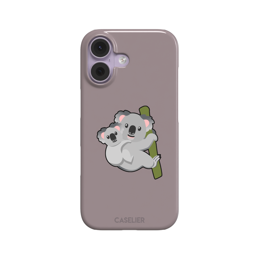 Mauve phone case with a kawaii illustration of a mama koala and baby joey clinging to a green eucalyptus branch, phone case by Caselier — snap case, front view