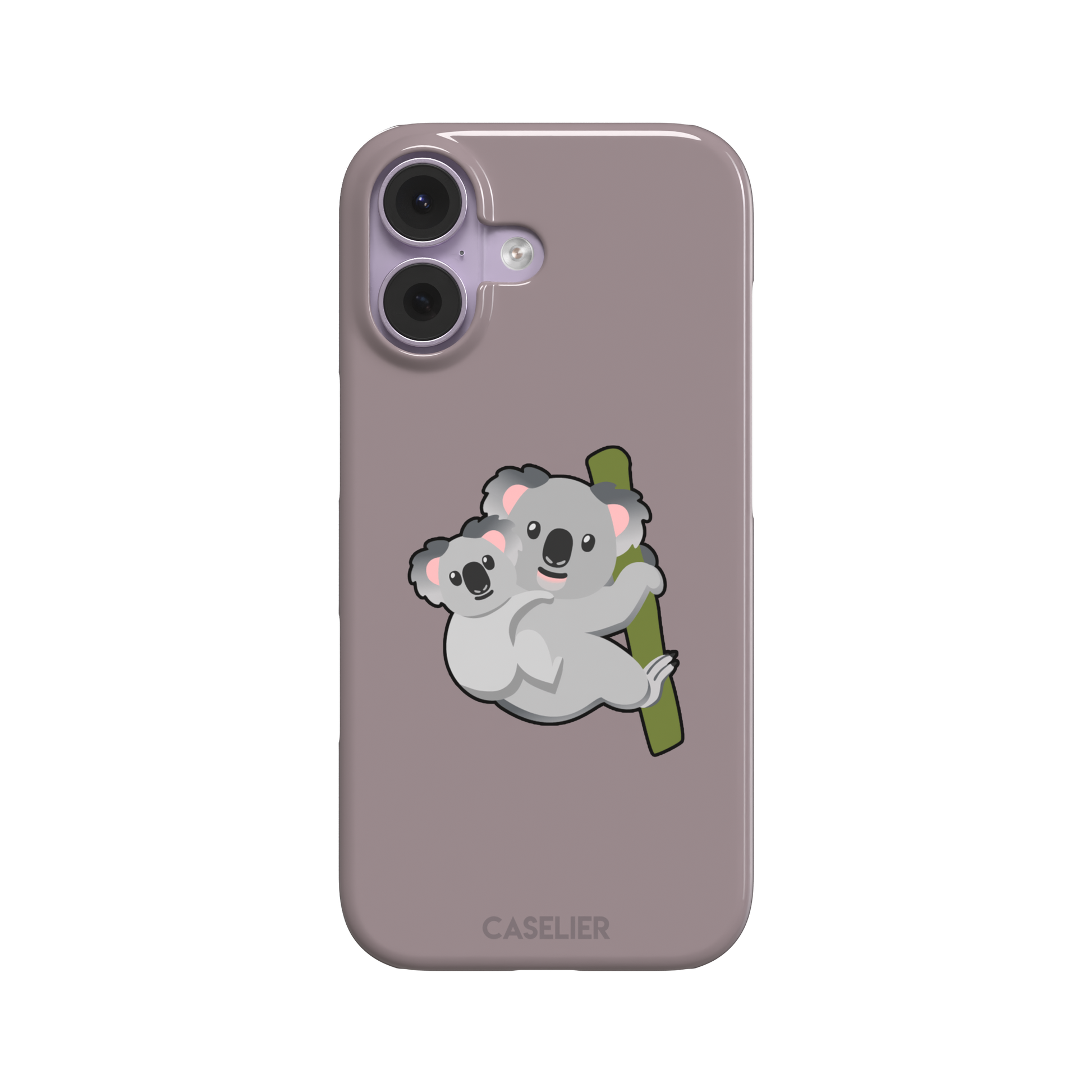 Mauve phone case with a kawaii illustration of a mama koala and baby joey clinging to a green eucalyptus branch, phone case by Caselier — snap case, front view