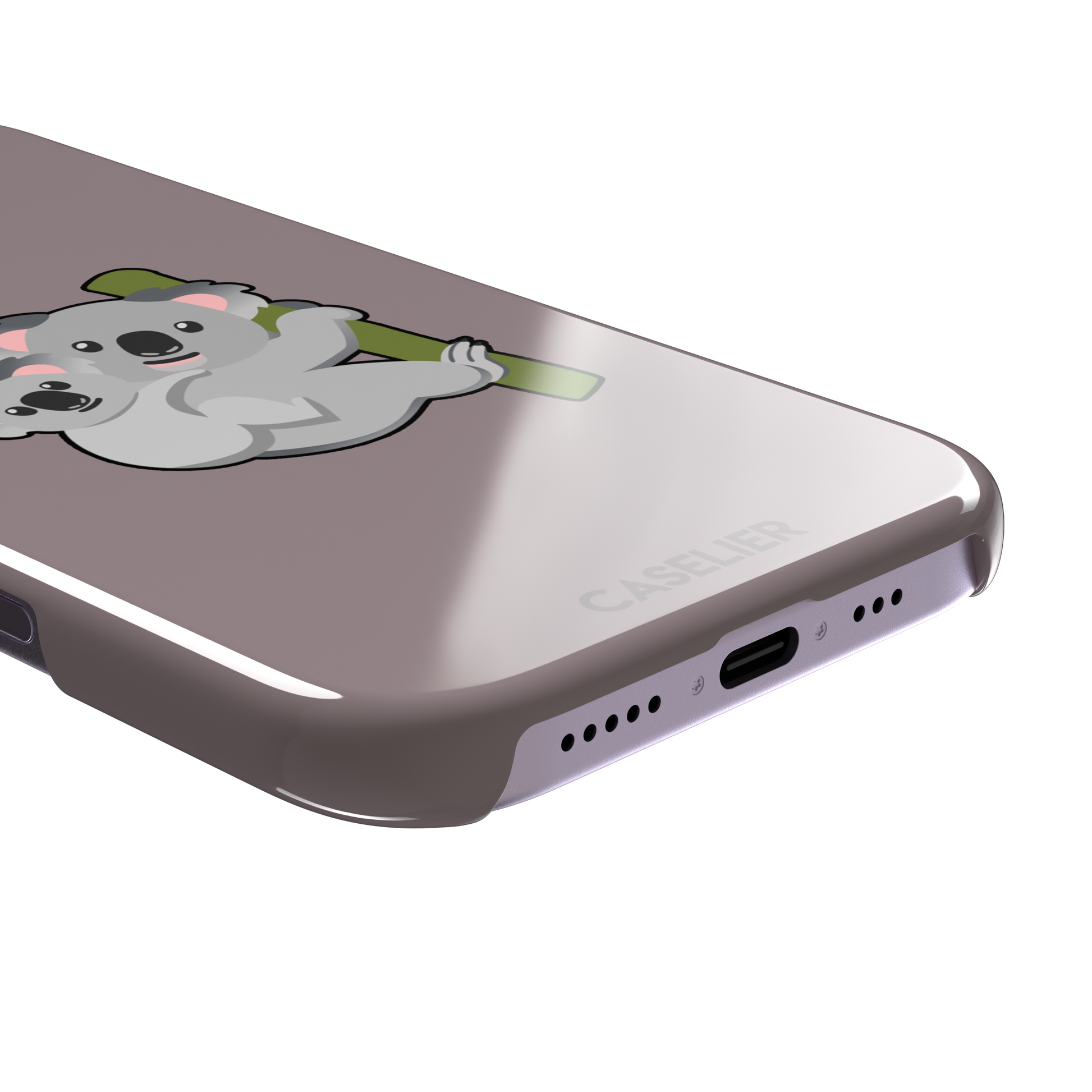 Mauve phone case with a kawaii illustration of a mama koala and baby joey clinging to a green eucalyptus branch, phone case by Caselier — snap case, charging port detail