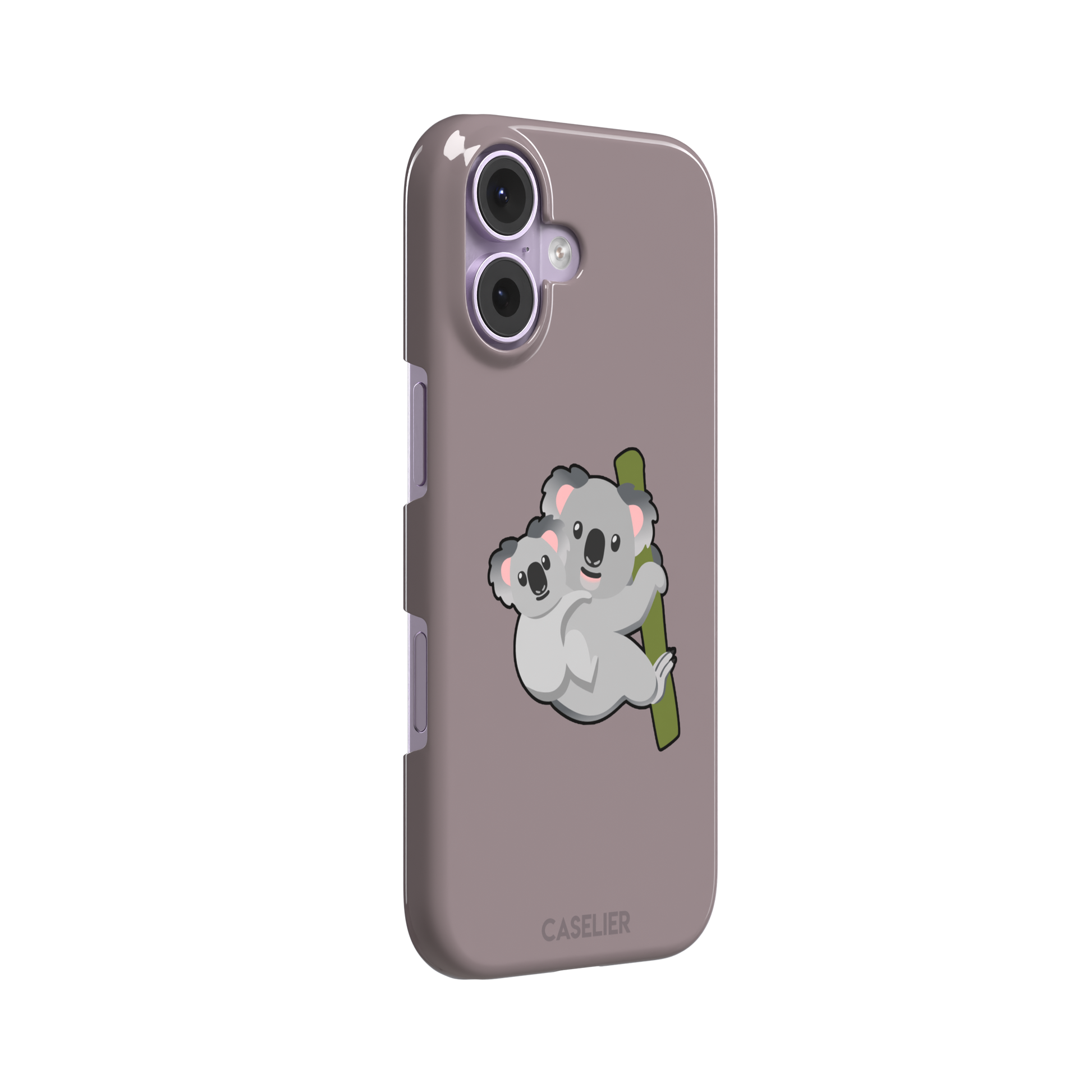 Mauve phone case with a kawaii illustration of a mama koala and baby joey clinging to a green eucalyptus branch, phone case by Caselier — snap case, left view