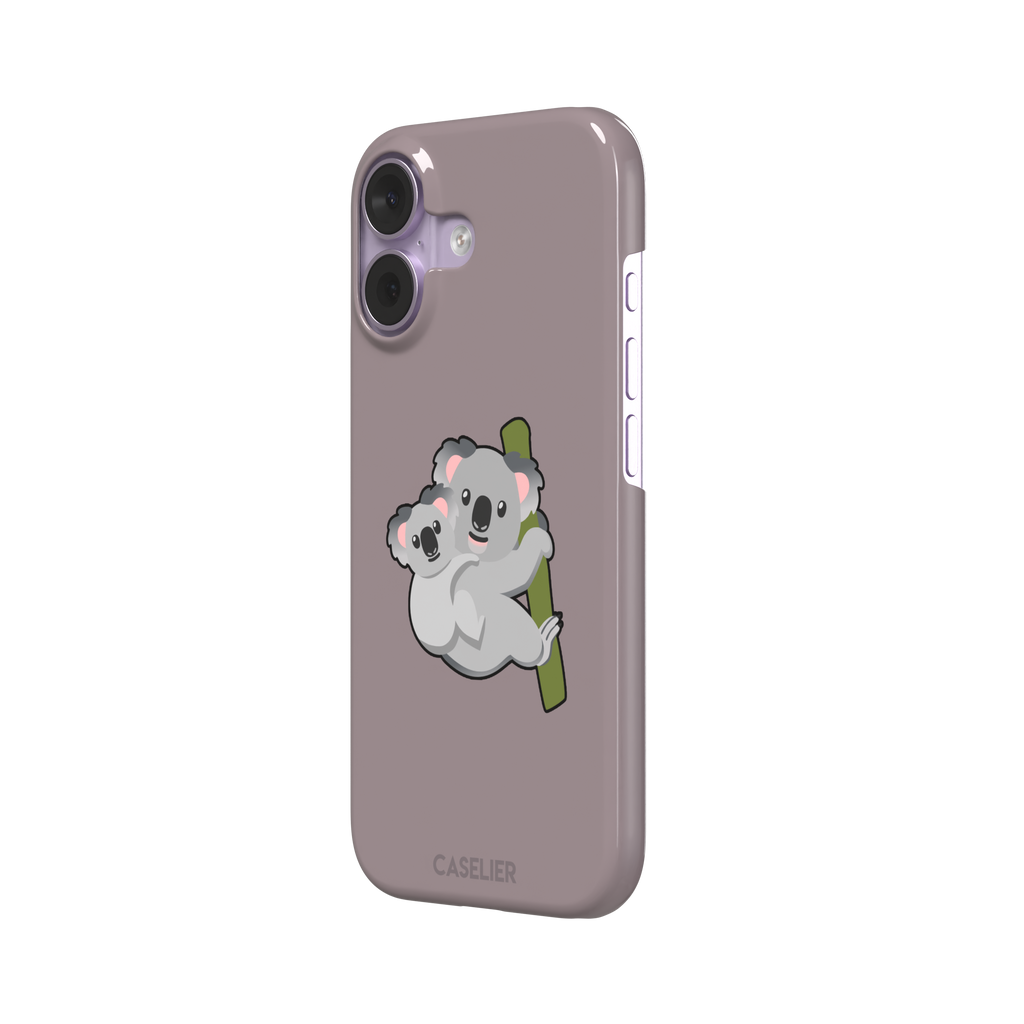 Mauve phone case with a kawaii illustration of a mama koala and baby joey clinging to a green eucalyptus branch, phone case by Caselier — snap case, right view