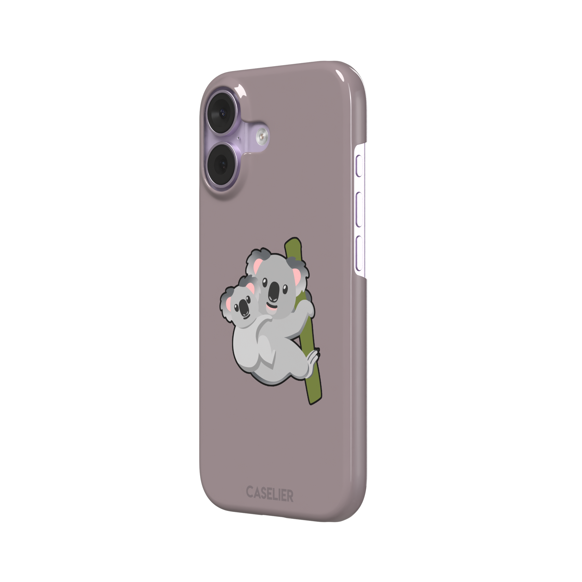 Mauve phone case with a kawaii illustration of a mama koala and baby joey clinging to a green eucalyptus branch, phone case by Caselier — snap case, right view