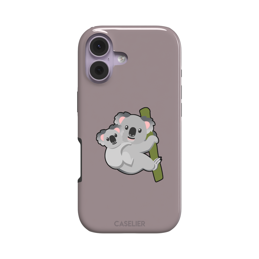 Mauve phone case with a kawaii illustration of a mama koala and baby joey clinging to a green eucalyptus branch, phone case by Caselier — tough case, front view