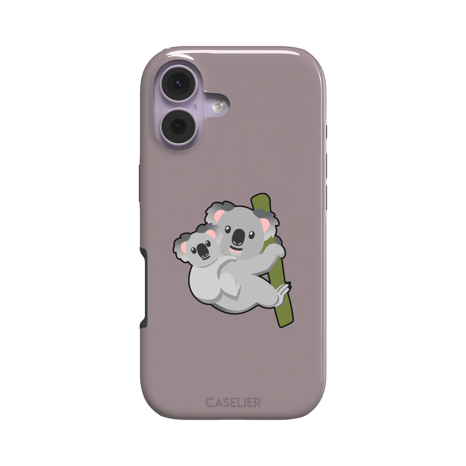 Mauve phone case with a kawaii illustration of a mama koala and baby joey clinging to a green eucalyptus branch, phone case by Caselier — tough case, front view