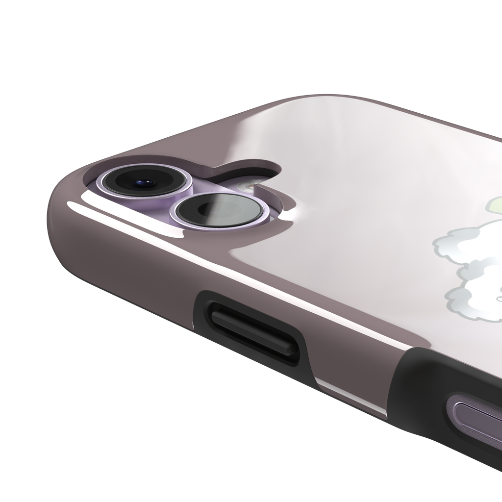 Mauve phone case with a kawaii illustration of a mama koala and baby joey clinging to a green eucalyptus branch, phone case by Caselier — tough case, volume buttons detail