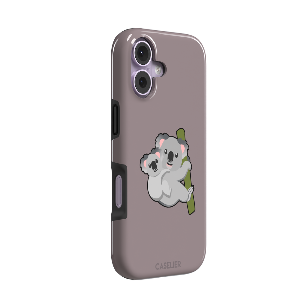 Mauve phone case with a kawaii illustration of a mama koala and baby joey clinging to a green eucalyptus branch, phone case by Caselier — tough case, left view