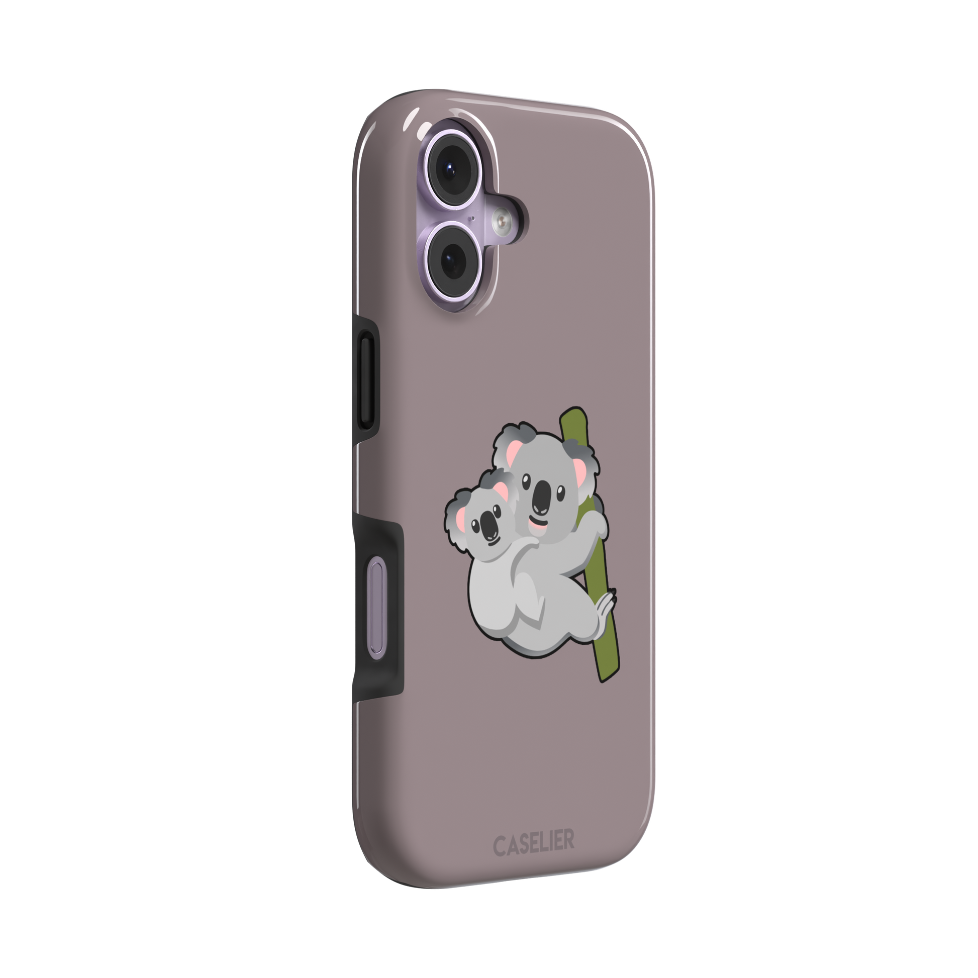 Mauve phone case with a kawaii illustration of a mama koala and baby joey clinging to a green eucalyptus branch, phone case by Caselier — tough case, left view
