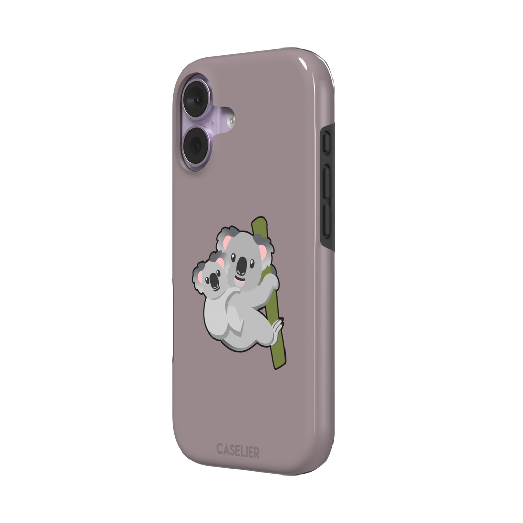Mauve phone case with a kawaii illustration of a mama koala and baby joey clinging to a green eucalyptus branch, phone case by Caselier — tough case, right view