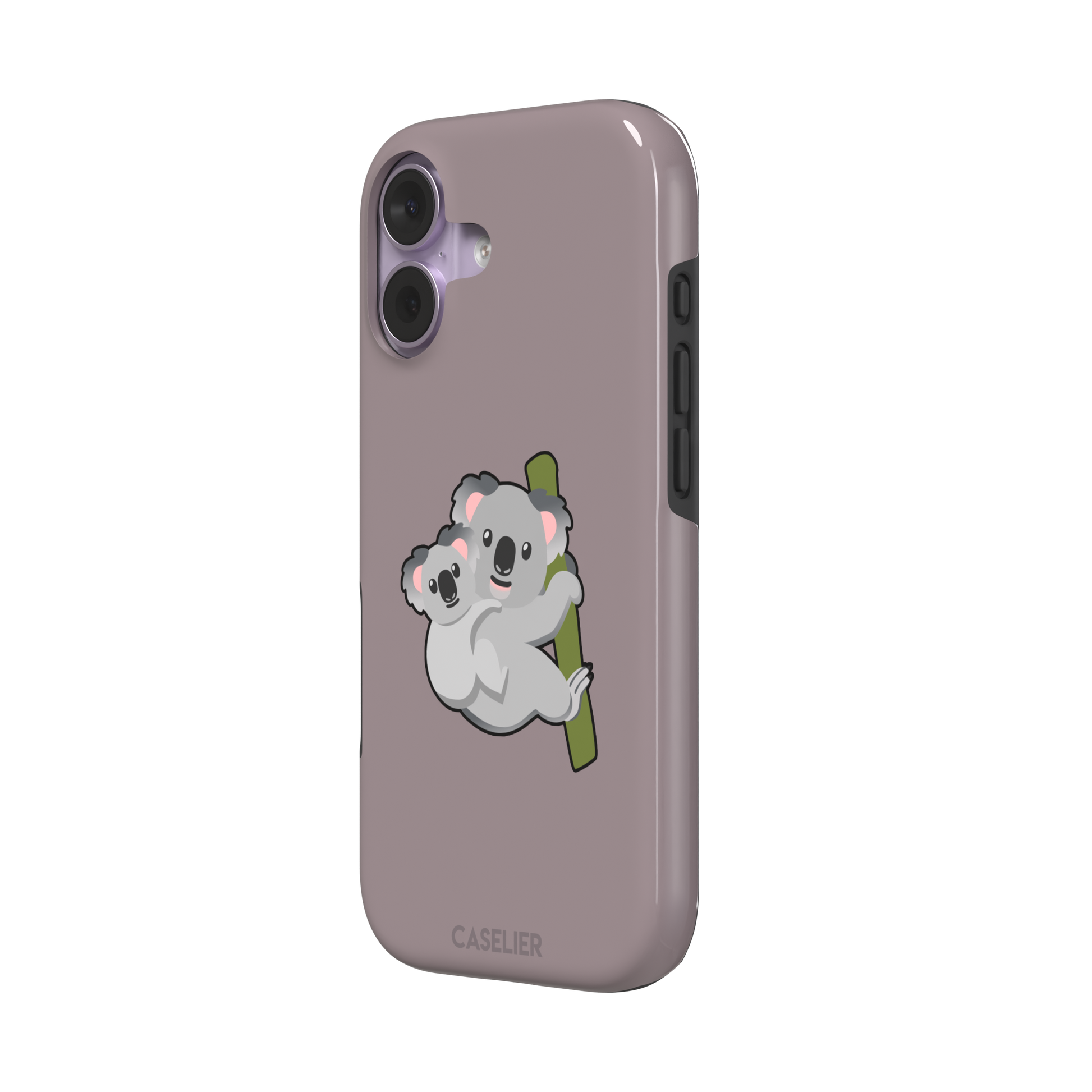 Mauve phone case with a kawaii illustration of a mama koala and baby joey clinging to a green eucalyptus branch, phone case by Caselier — tough case, right view