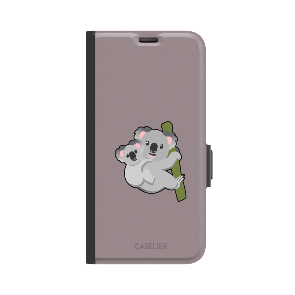 Mauve phone case with a kawaii illustration of a mama koala and baby joey clinging to a green eucalyptus branch, phone case by Caselier — wallet case, front view