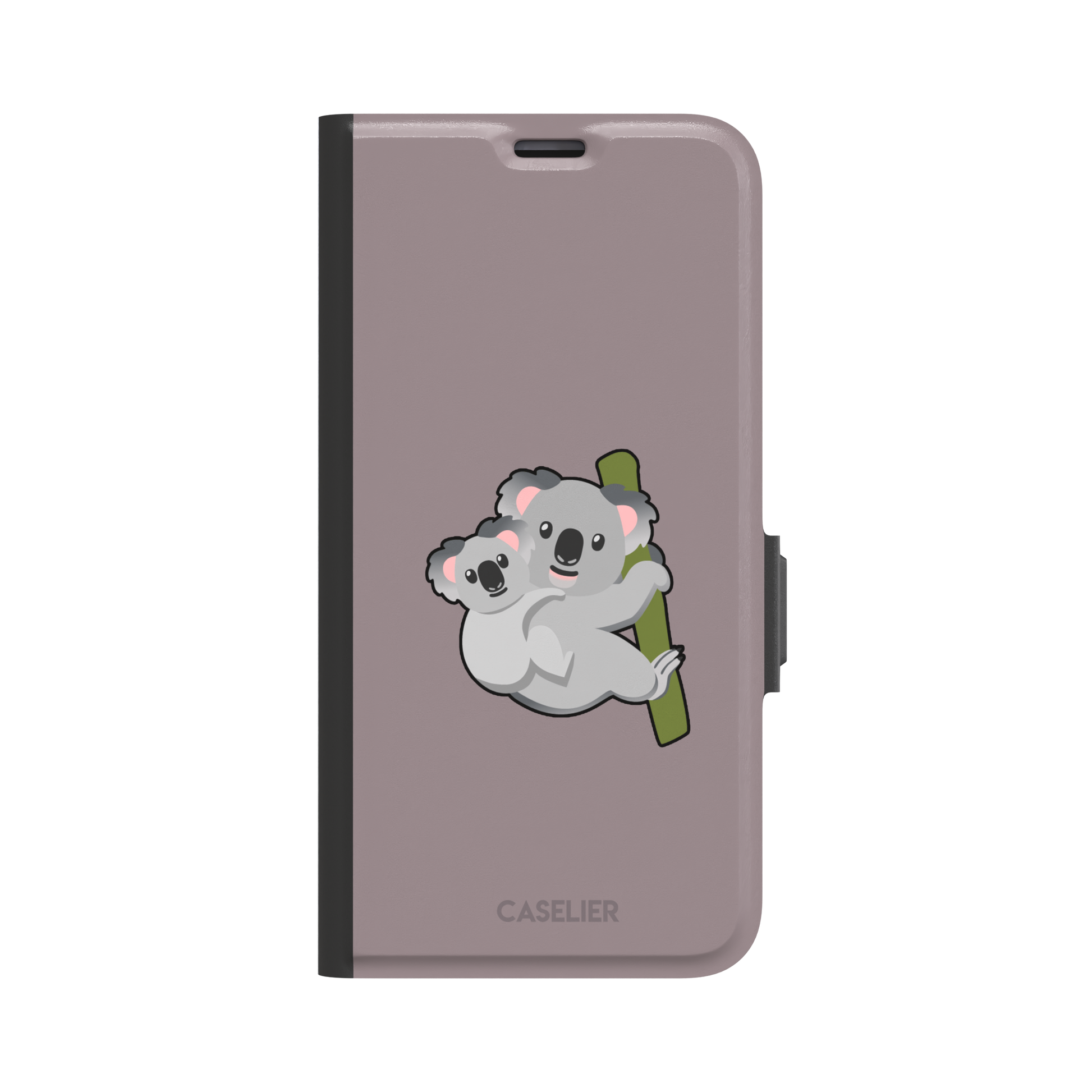 Mauve phone case with a kawaii illustration of a mama koala and baby joey clinging to a green eucalyptus branch, phone case by Caselier — wallet case, front view