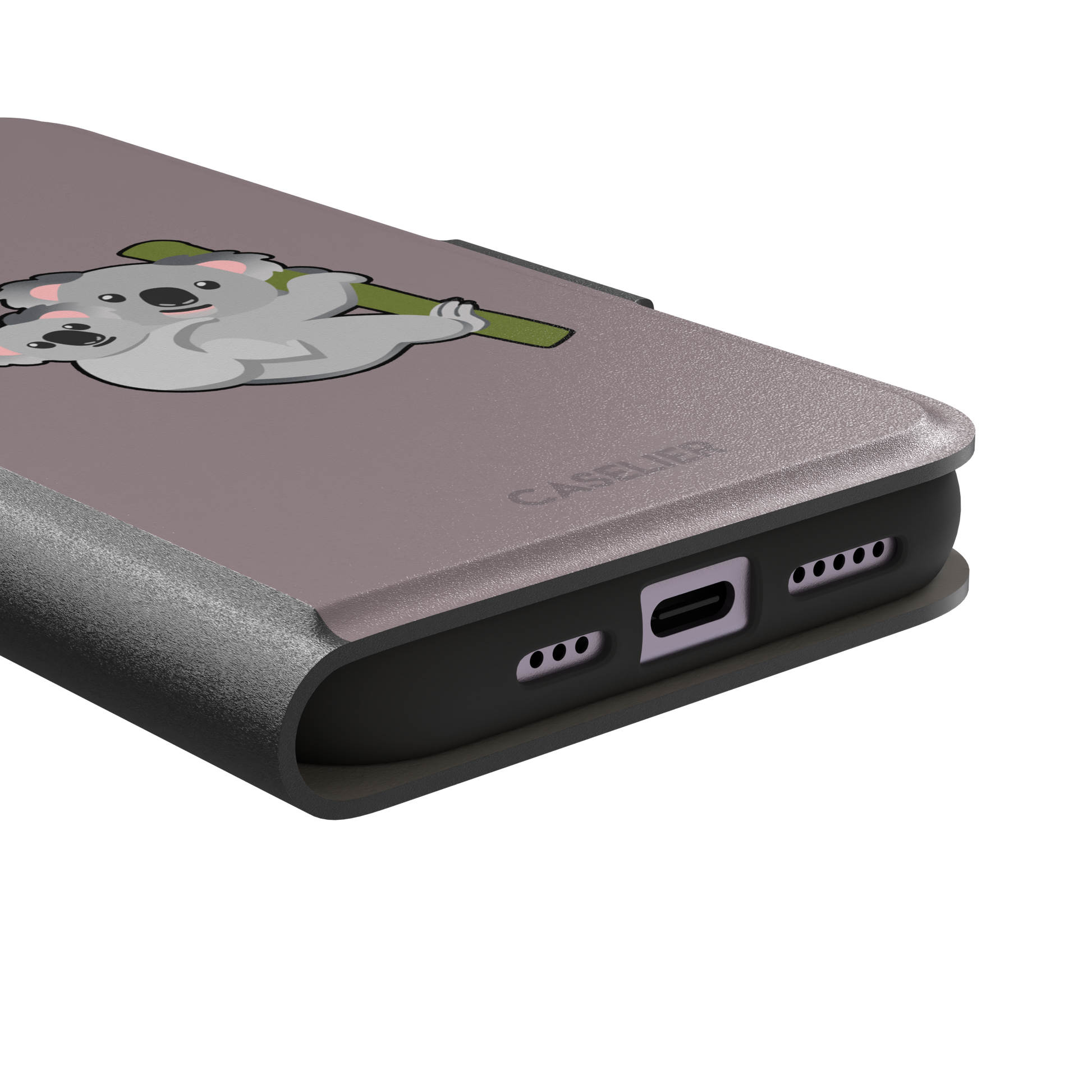 Mauve phone case with a kawaii illustration of a mama koala and baby joey clinging to a green eucalyptus branch, phone case by Caselier — wallet case, charging port detail