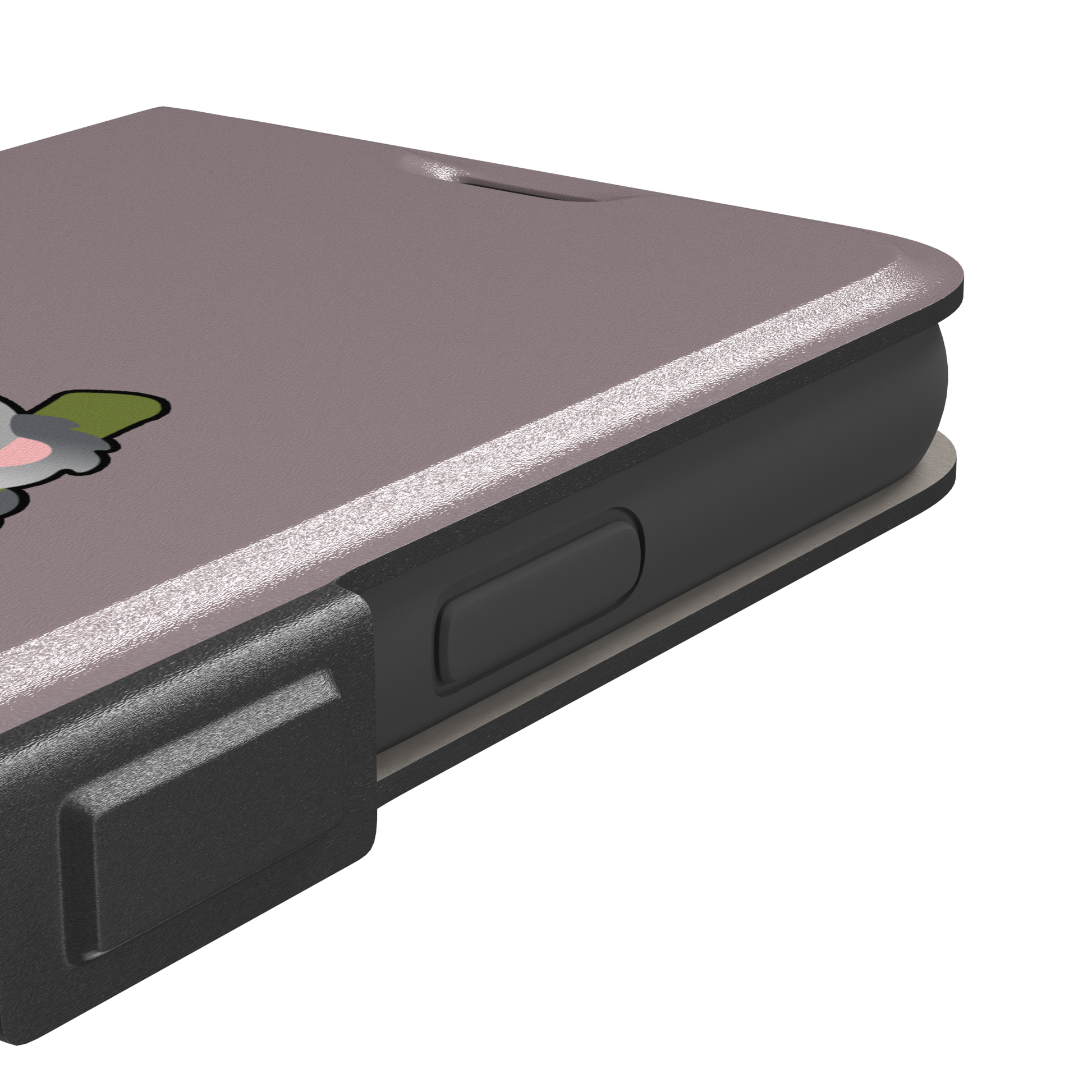 Mauve phone case with a kawaii illustration of a mama koala and baby joey clinging to a green eucalyptus branch, phone case by Caselier — wallet case, volume buttons detail