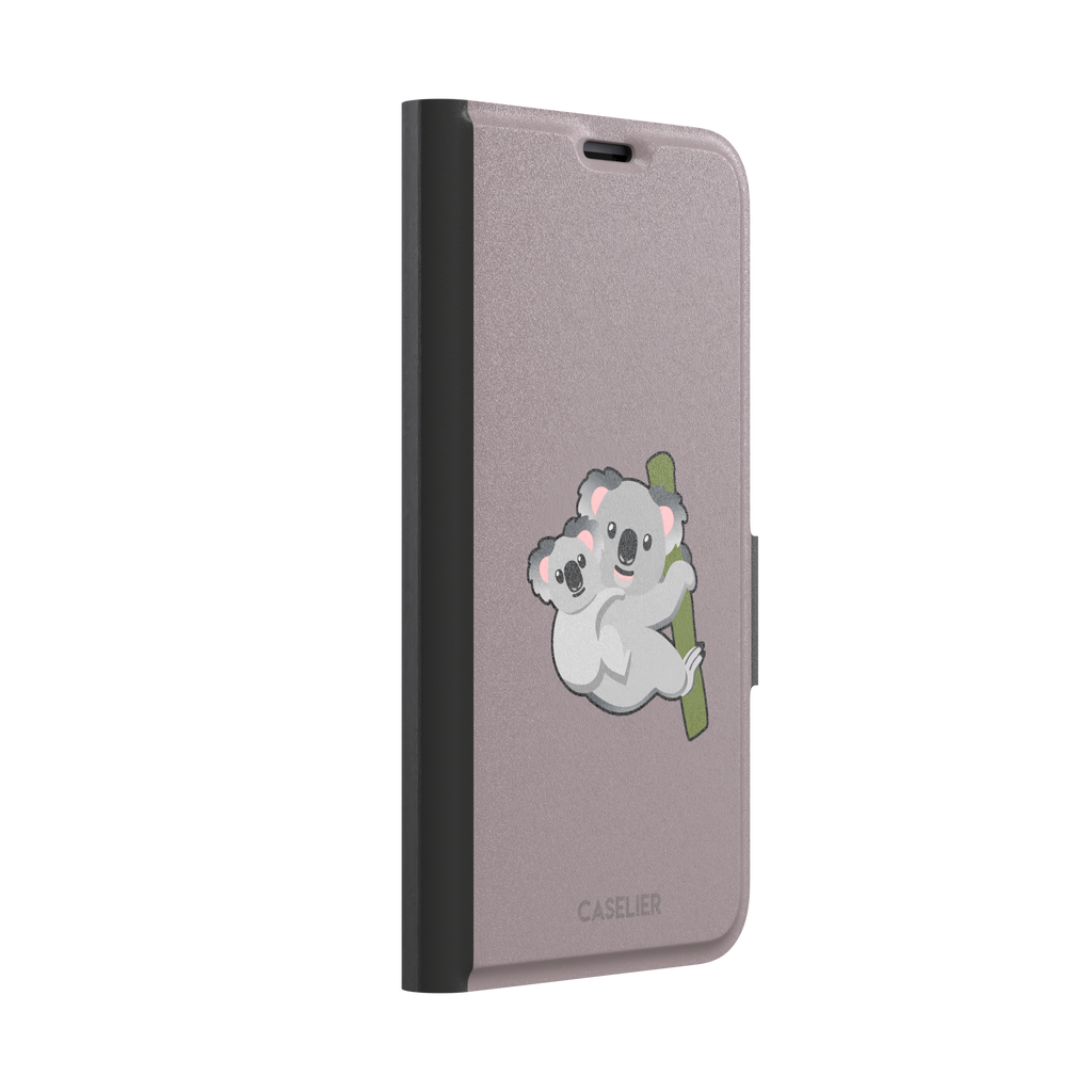 Mauve phone case with a kawaii illustration of a mama koala and baby joey clinging to a green eucalyptus branch, phone case by Caselier — wallet case, left view