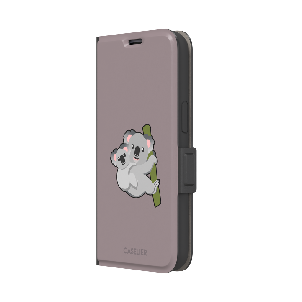 Mauve phone case with a kawaii illustration of a mama koala and baby joey clinging to a green eucalyptus branch, phone case by Caselier — wallet case, right view