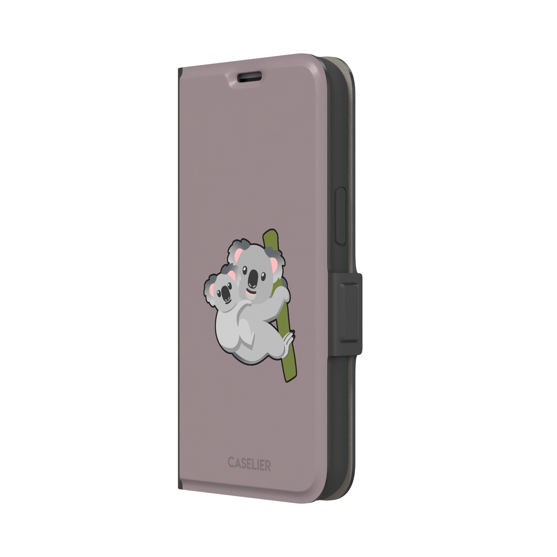 Mauve phone case with a kawaii illustration of a mama koala and baby joey clinging to a green eucalyptus branch, phone case by Caselier — wallet case, right view