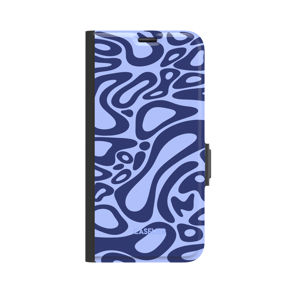 Lando Norris phone case in periwinkle blue and navy abstract swirl pattern with fluid organic shapes across the full case, phone case by Caselier - wallet case, front view | Caselier