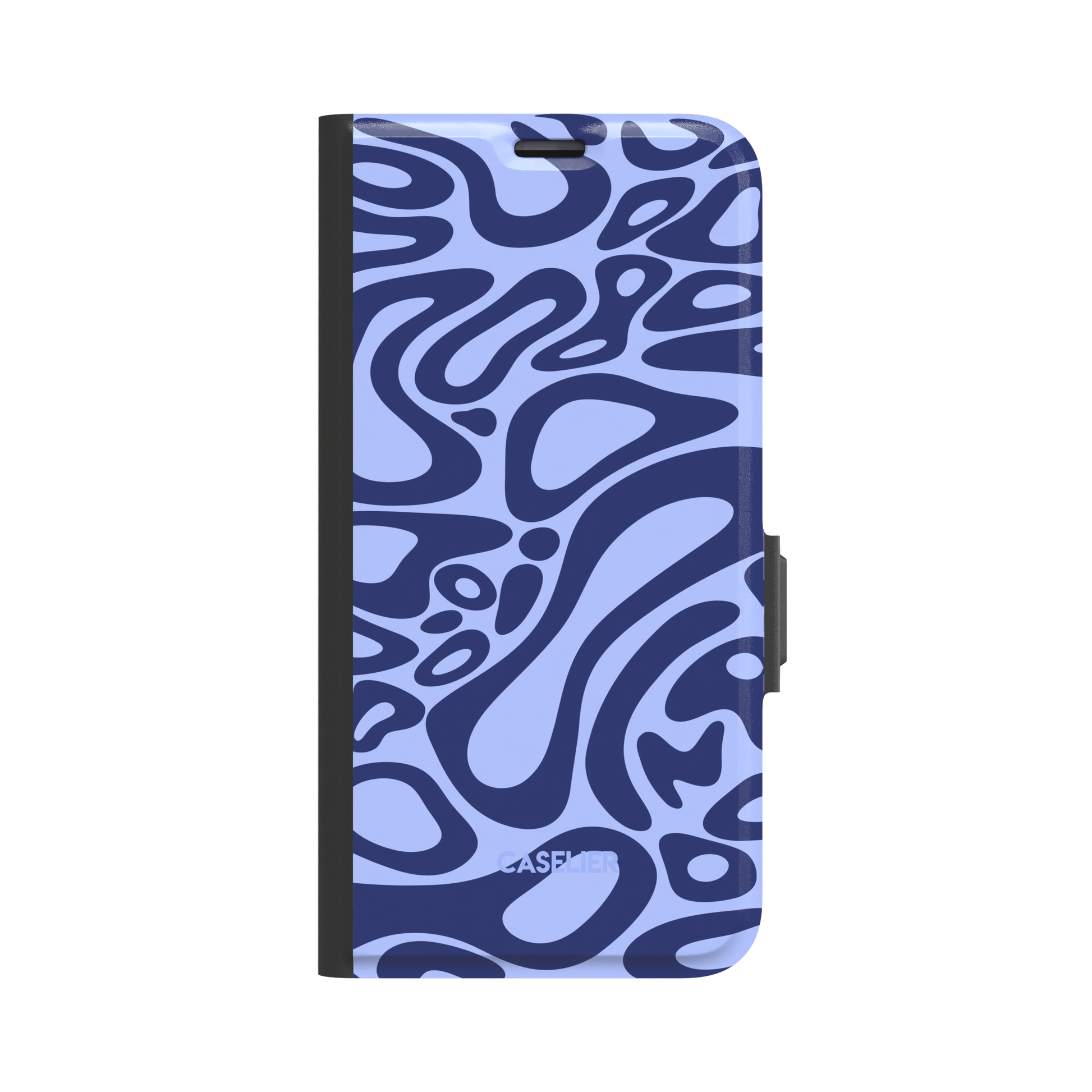 Lando Norris phone case in periwinkle blue and navy abstract swirl pattern with fluid organic shapes across the full case, phone case by Caselier - wallet case, front view | Caselier