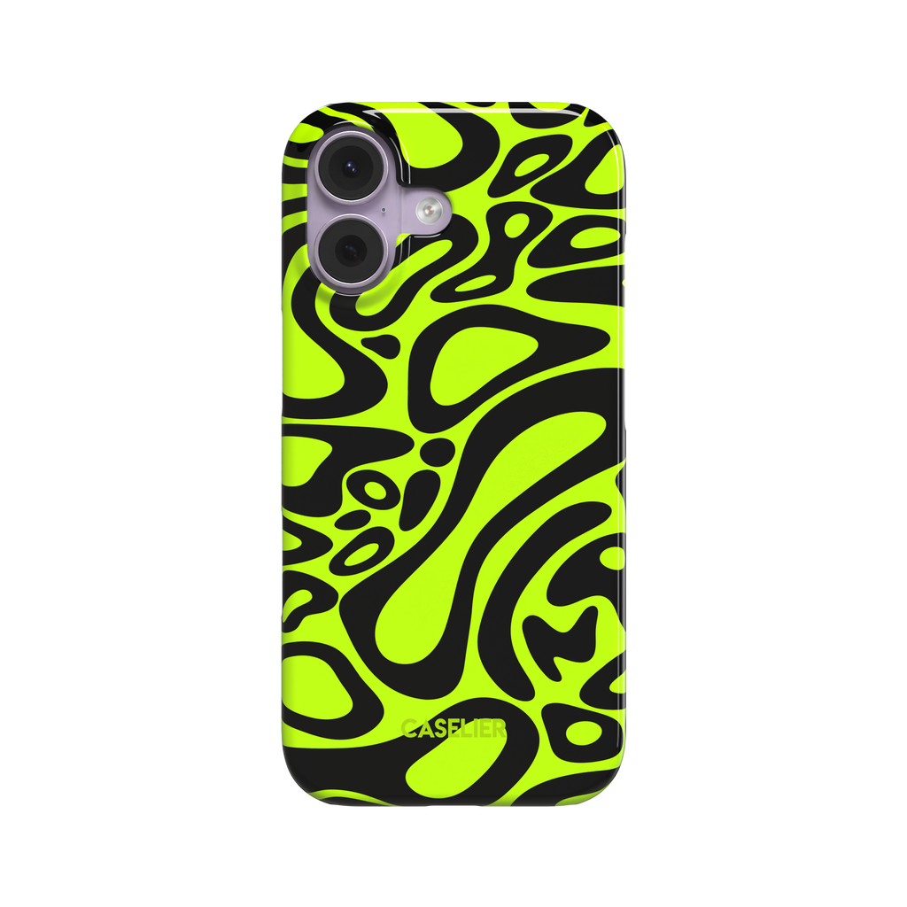 Lando Norris phone case with neon yellow-green and black abstract swirl pattern covering the full case, glossy finish, phone case by Caselier - snap case, front view | Caselier