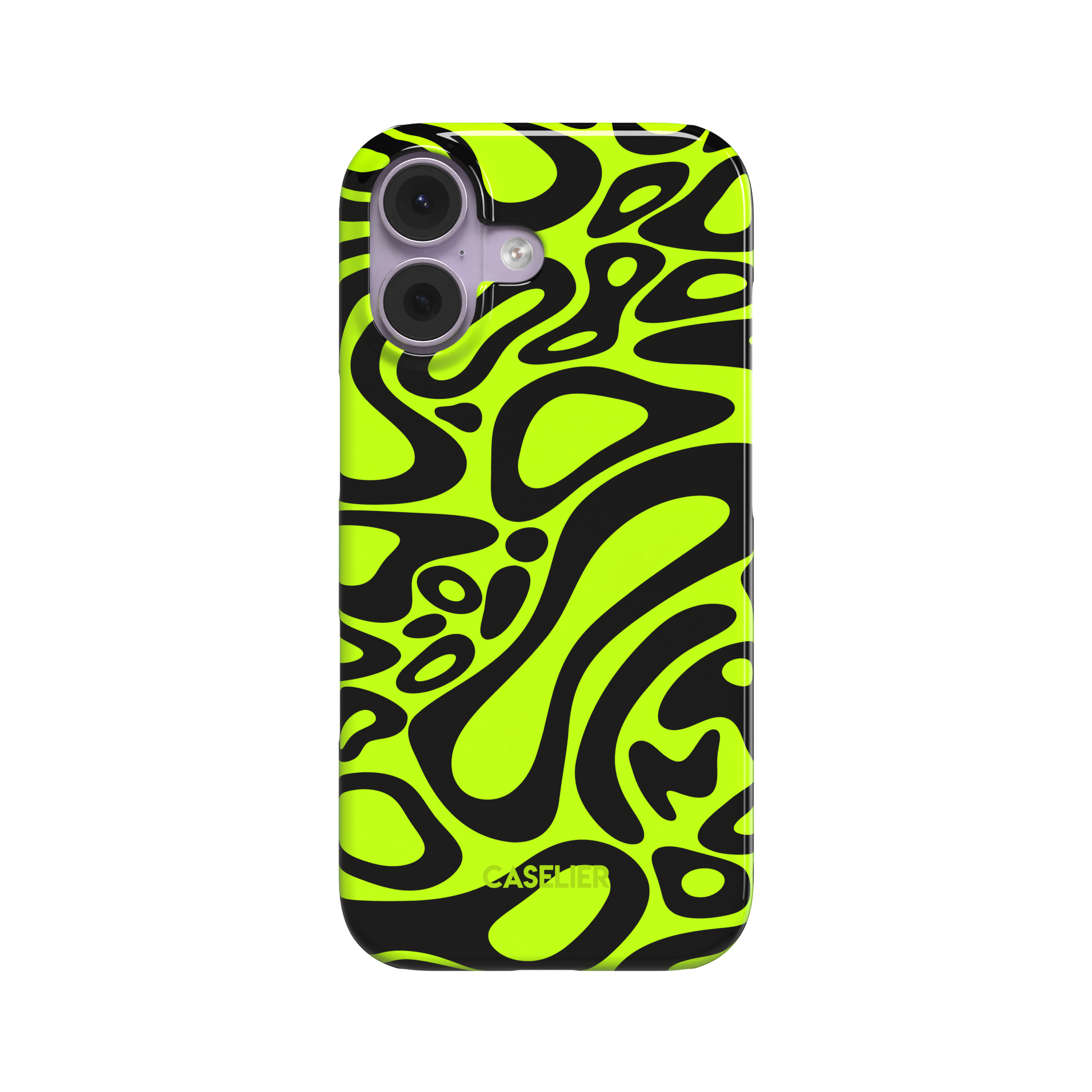 Lando Norris phone case with neon yellow-green and black abstract swirl pattern covering the full case, glossy finish, phone case by Caselier - snap case, front view | Caselier