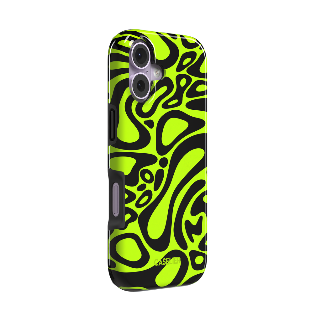 Lando Norris, neon green and black liquid swirl abstract pattern, tough case, left view, phone case by Caselier