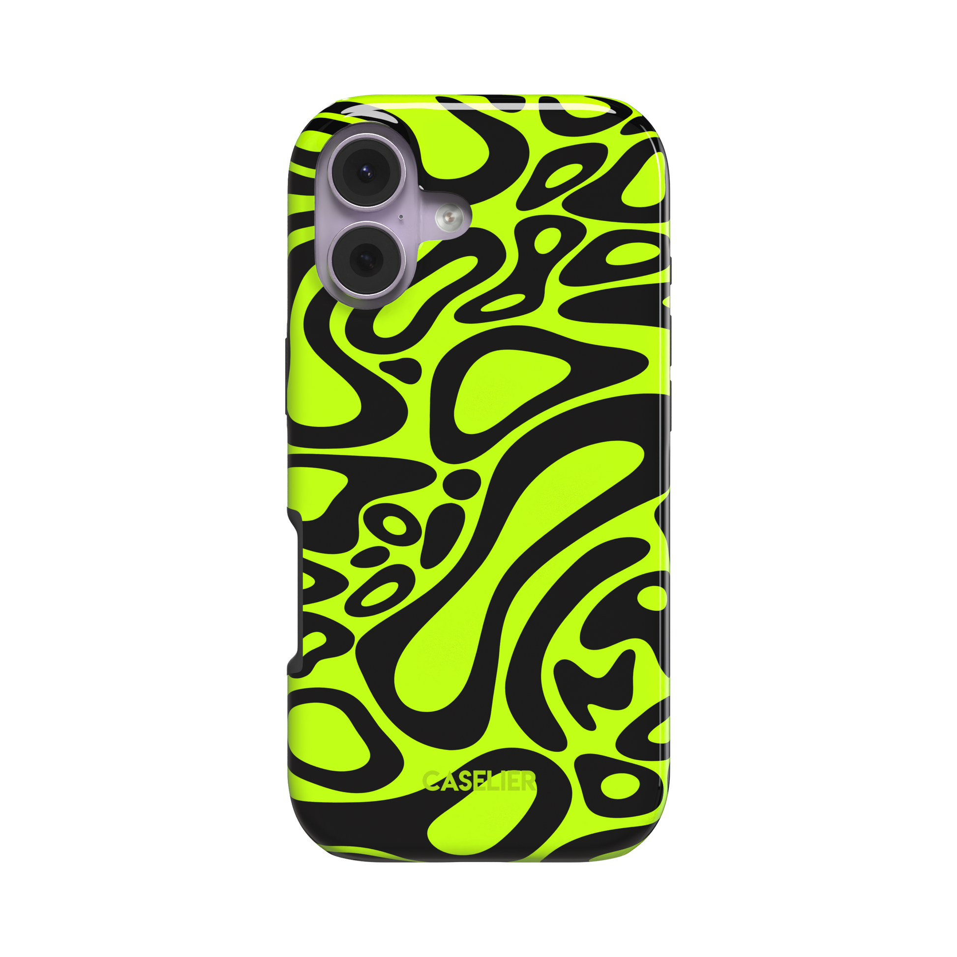 Lando Norris phone case with neon yellow-green and black abstract swirl pattern covering the full case, glossy finish, phone case by Caselier - tough case, front view | Caselier